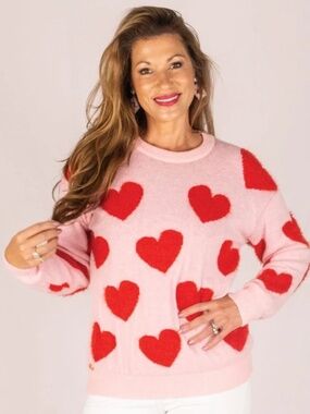 SIMPLY SOUTHERN Pullover Fuzzy Pink Sweater with Red Hearts / Women's Large NWT